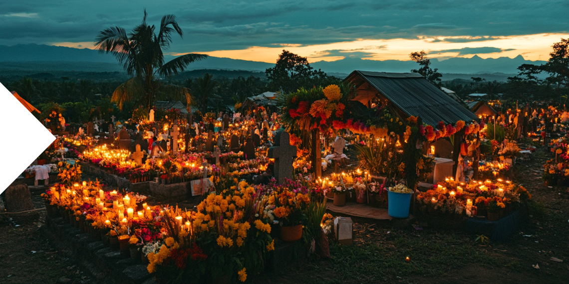 A cemetery illuminated by numerous candles and adorned with vibrant flowers during dusk